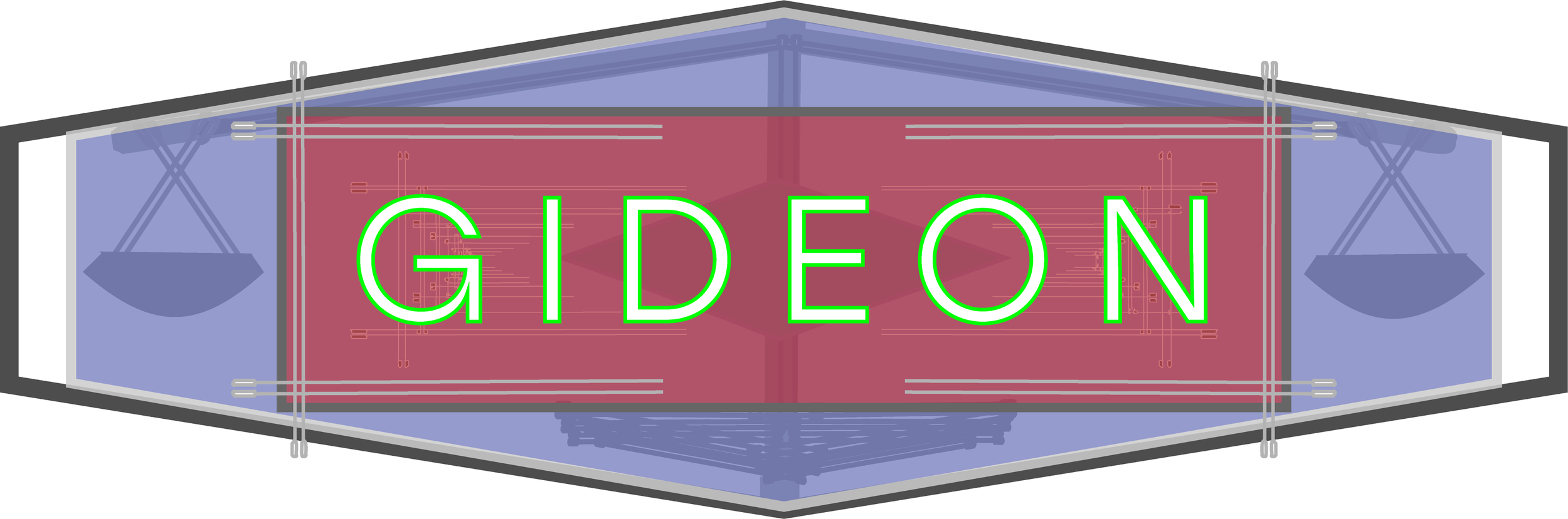 Neon sign with the word 'GIDEON' in green letters on a red background, mounted on a structure with blue and gray elements.