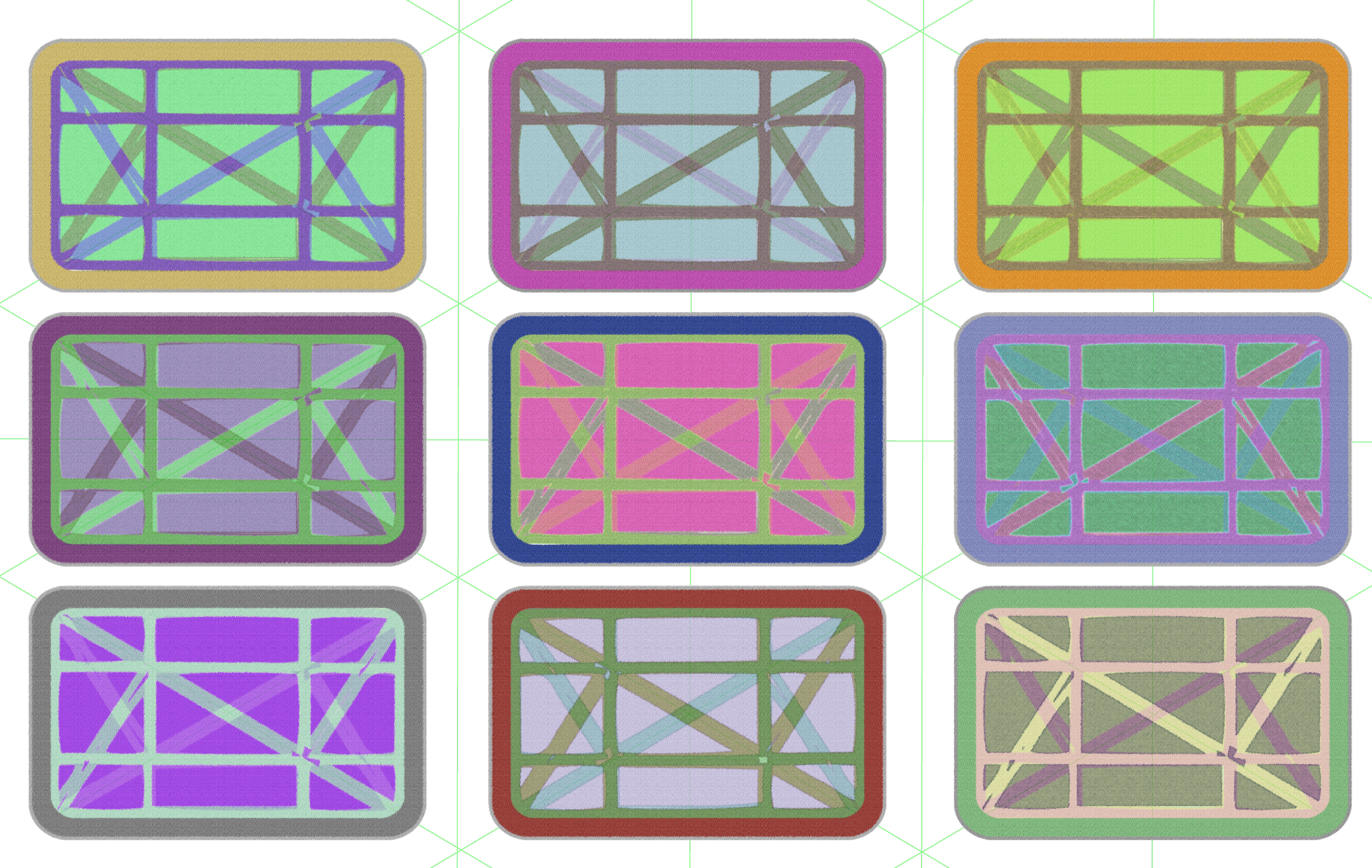 A grid of nine colorful, rectangular, graffiti-style faces with intricate line designs and vibrant colors.