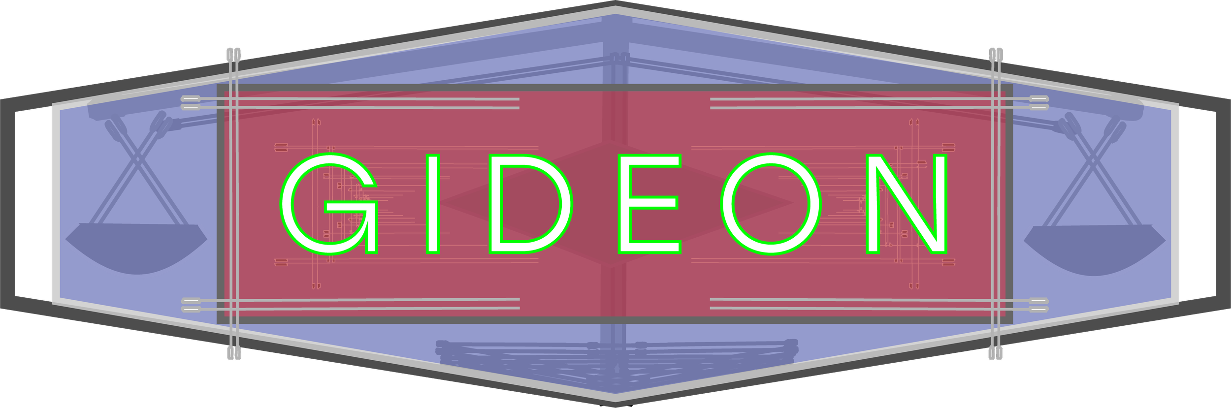 Neon sign spelling 'GIDEON' in green on a red background, with blue and gray framing.