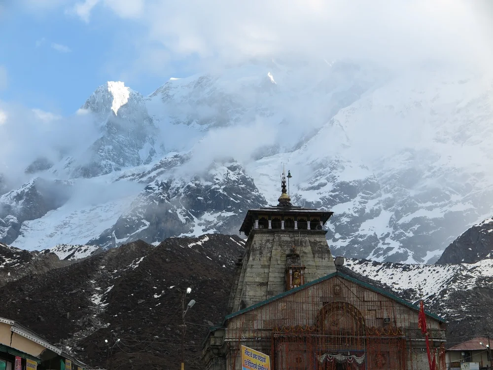 The temple in the village which was destroyed in a floor in the high reaches of the Himalayas. Kedarnath, Uttarakhand, India.