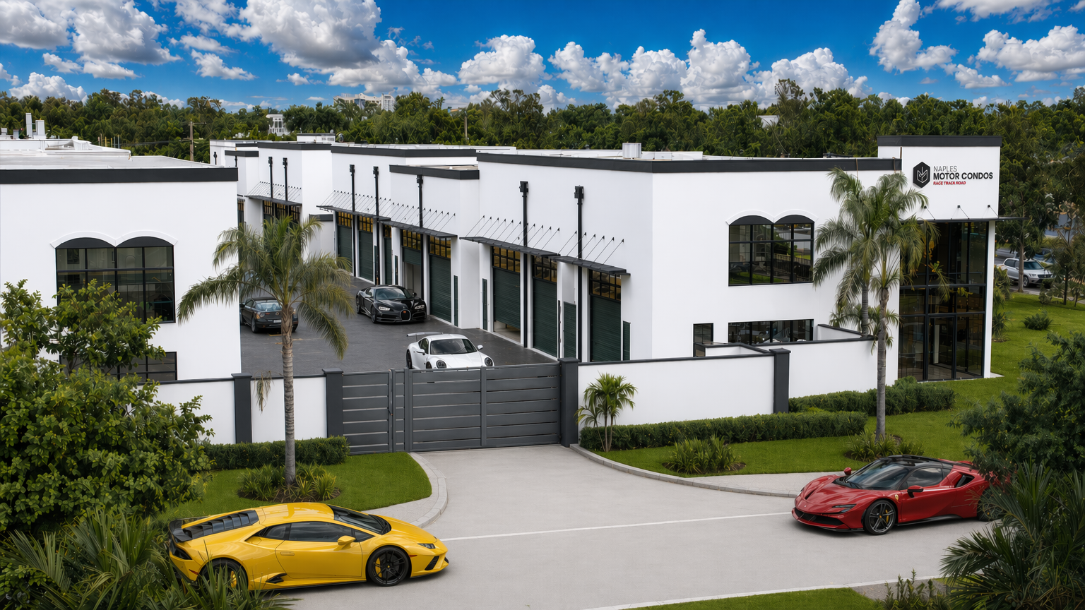Naples Motor Condos Racetrack Road facility exterior with gated entrance, palm trees, and luxury sports cars including a yellow Lamborghini, red Ferrari, and white Porsche.
