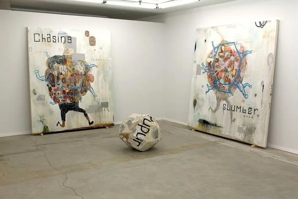 John Yoyogi Fortes , Slumberweed (right canvas), oil, acrylic, glitter, charcoal, pencil, mixed media on canvas, 87" X 84.25, 2015