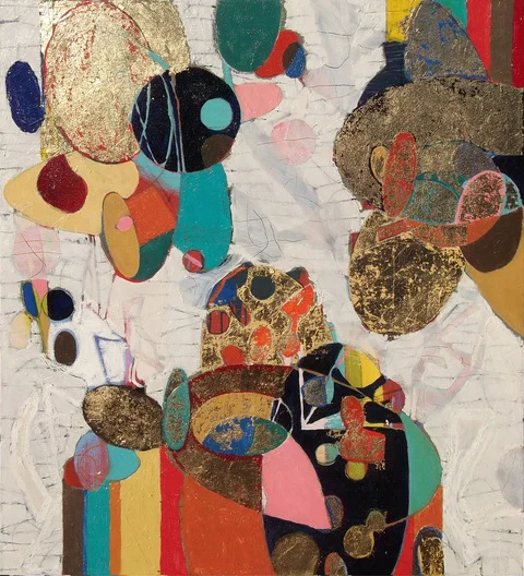 Headwinds, oil and metal leaf on canvas, 44” x 40”, 2018