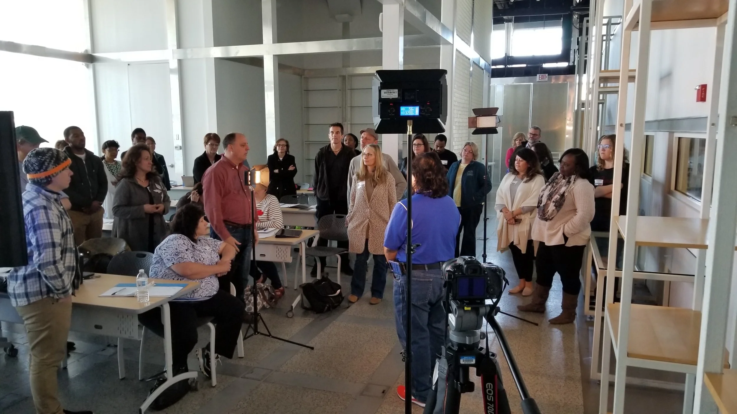 Trident Technical College instructor Mark Bradley goes through the basics of lighting and LED lighting equipment with educators from across the state.