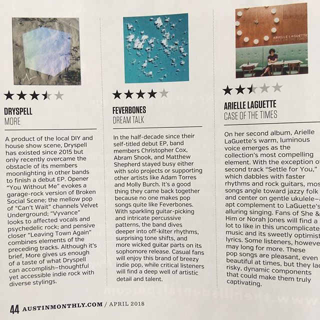 Big thanks to @bryancparker for the kind words and thoughtful review of our new record for @austin_monthly magazine! ⭐️⭐️⭐️⭐️ &quot;Dream Talk&quot; is out next Friday, 4/13 - follow the link in our profile to pre-order from @athrecords!