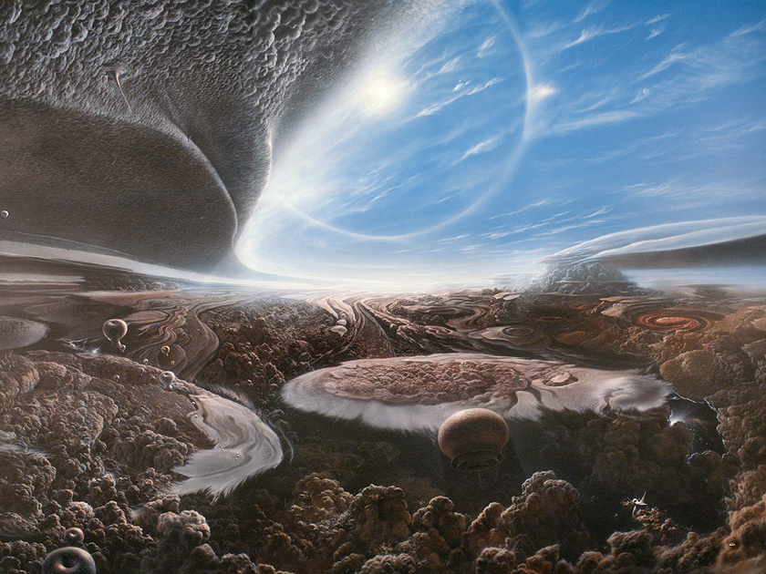   Hunters, Floaters, and Sinkers   "This painting speculates about possible forms of life on a Jupiter-like gas giant. Airbrushed water-based acrylic."\(^{[4]}\)  Image by Adolf Schaller.  