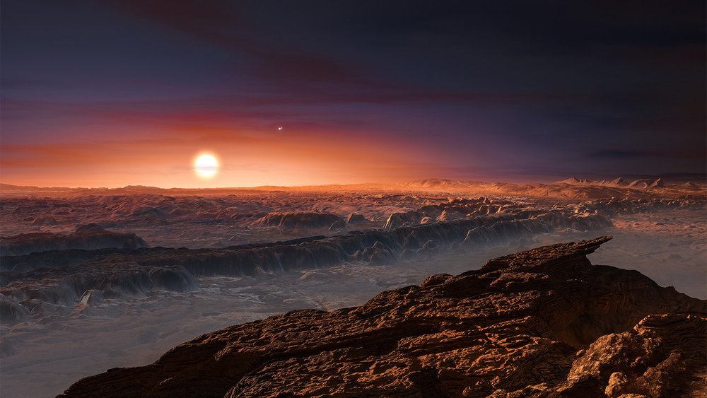  "This artist’s impression shows a view of the surface of the planet Proxima b orbiting the red dwarf star Proxima Centauri, the closest star to the solar system. The double star Alpha Centauri AB also appears in the image. Proxima b is a little more