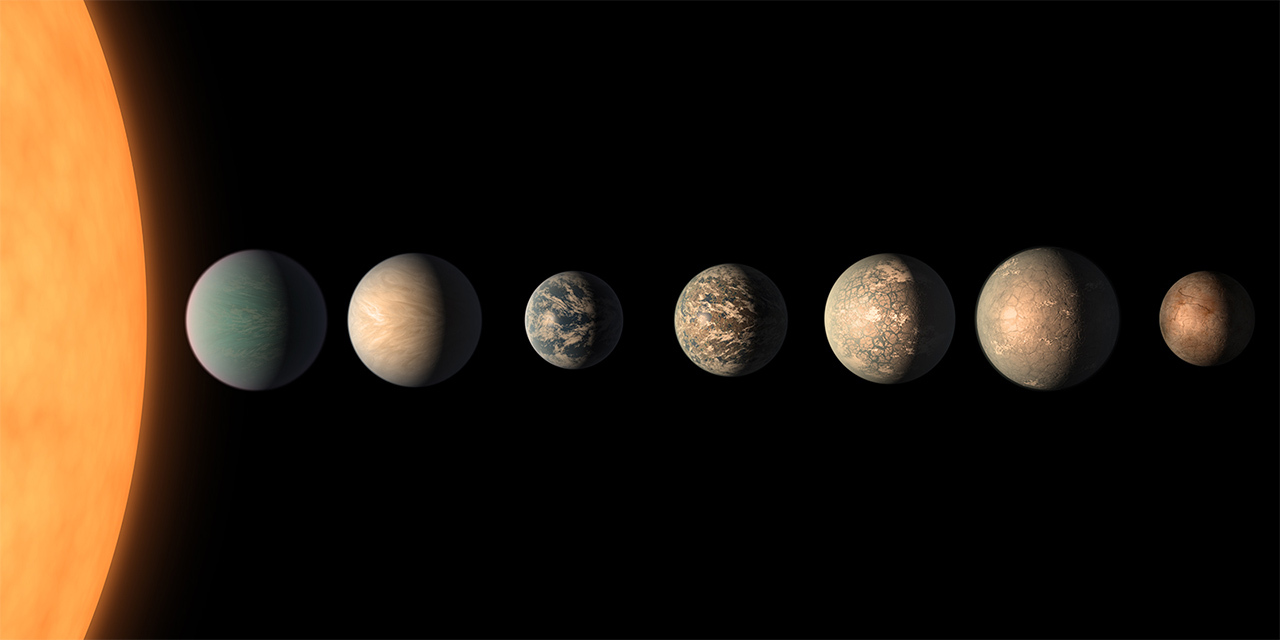 This artist's concept shows what the TRAPPIST-1 planetary system may look like, based on available data about the planets' diameters, masses and distances from the host star. Credits: NASA/JPL-Caltech View full image and caption