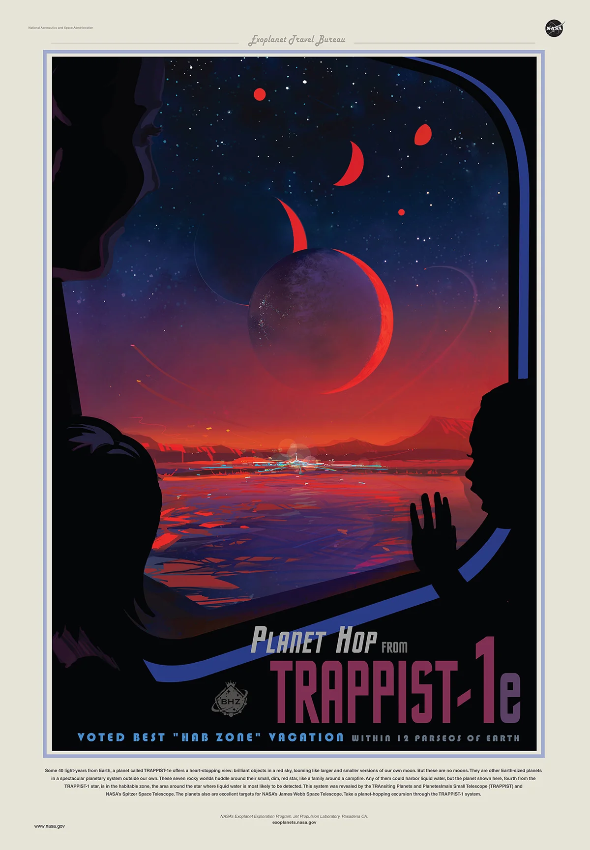 This poster imagines what a trip to TRAPPIST-1e might be like. Credits: NASA/JPL-Caltech View full image