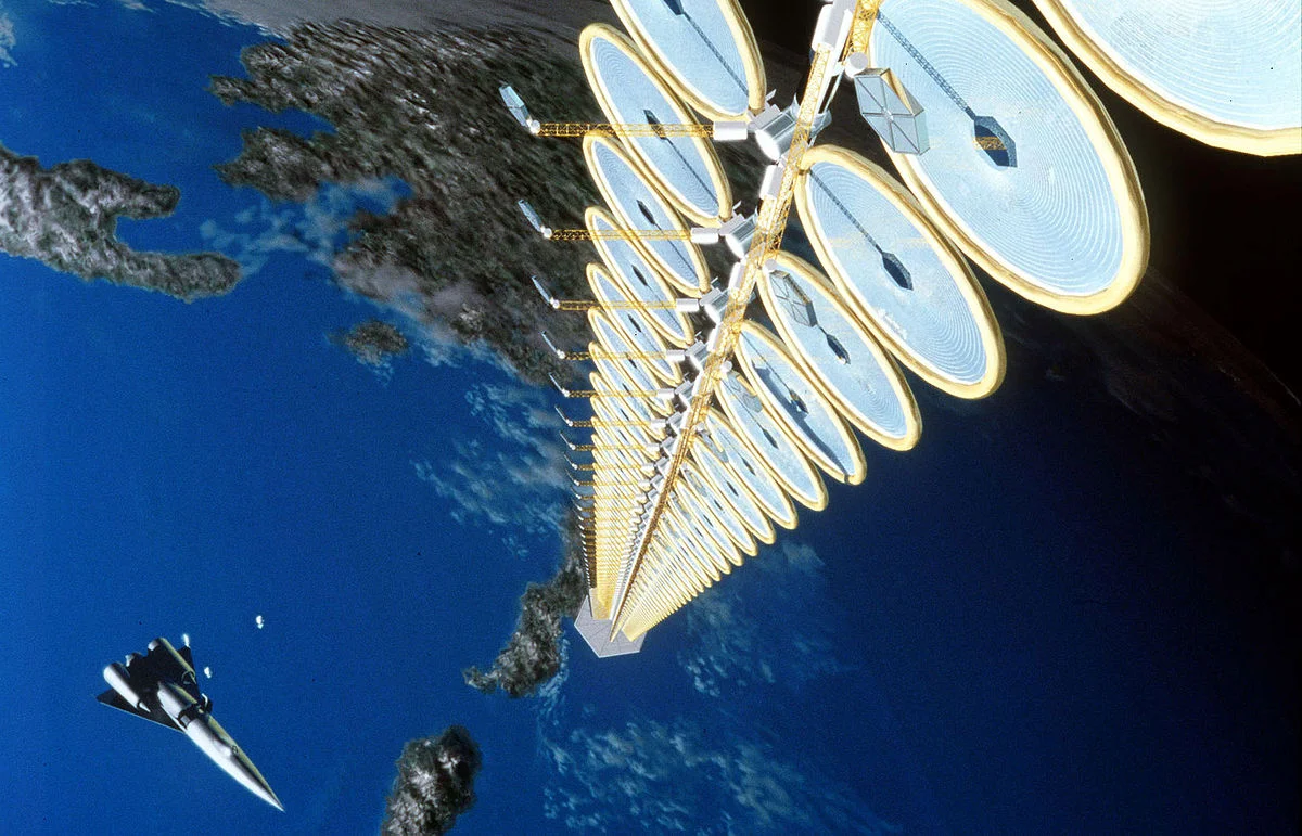 Artist's depiction of solar panels attached to a space elevator.