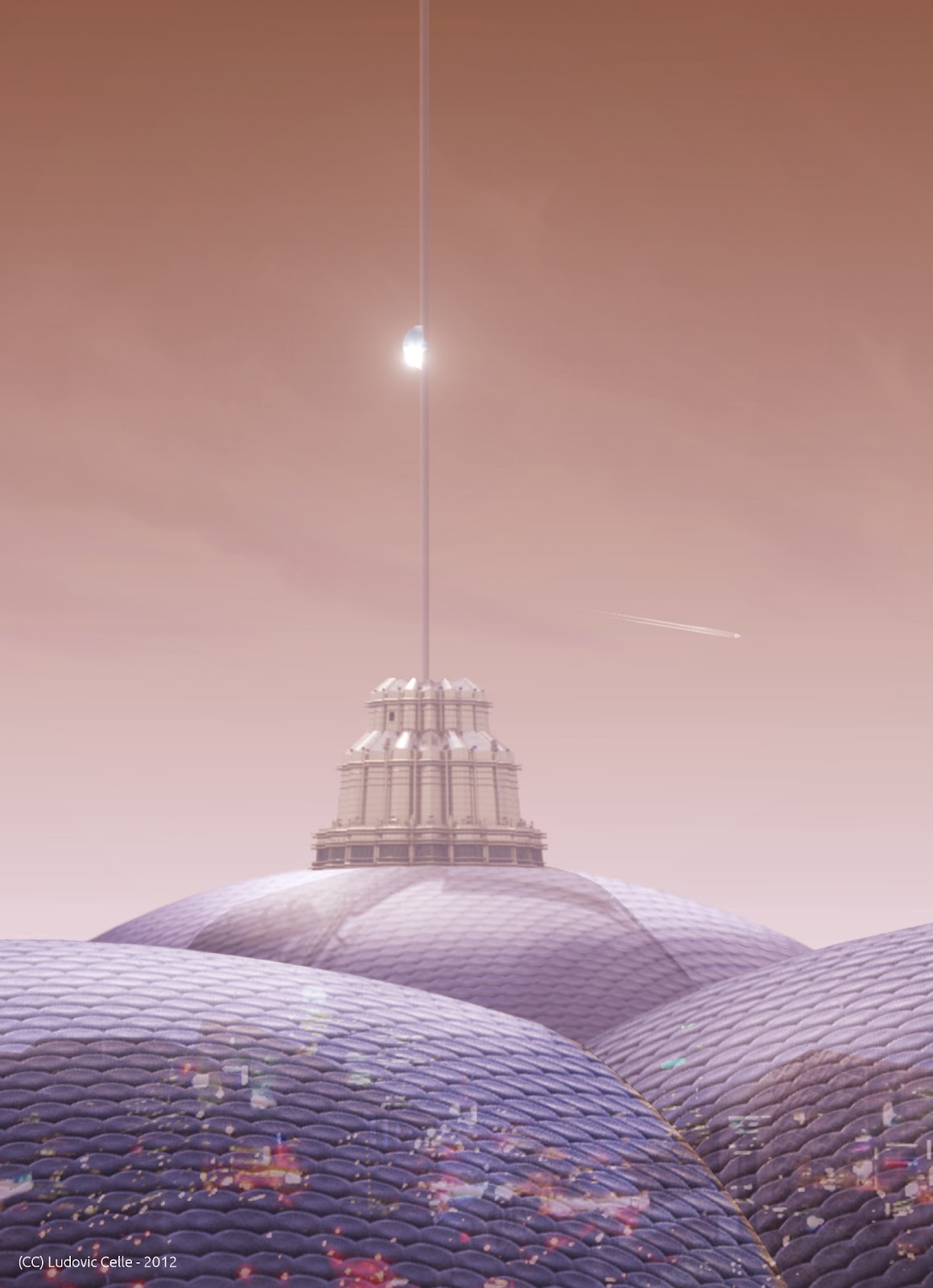  Artist’s impression of a space elevator connecting to the domed over city, Sheifeild, located on Pvonic Mons in Kim Robinson’s Mars trilogy. Images retrieved from:  http://davinci-marsdesign.blogspot.com/2012/04/sheffield-and-space-elevator.html  