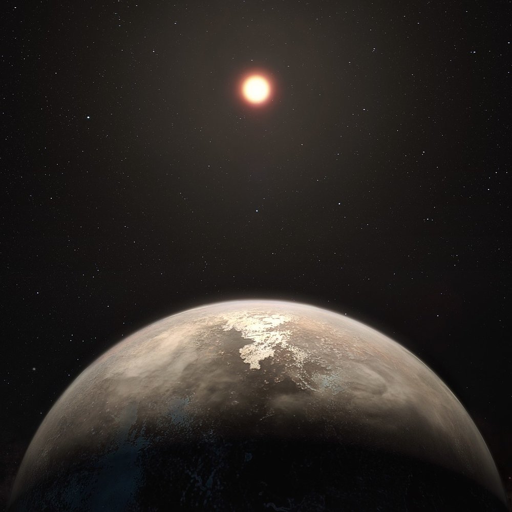  Artist's impression of the planet  Ross 128 b , with the star Ross 128 visible in the background\(^{[1]}\)  Credit :   European Southern Observatory   