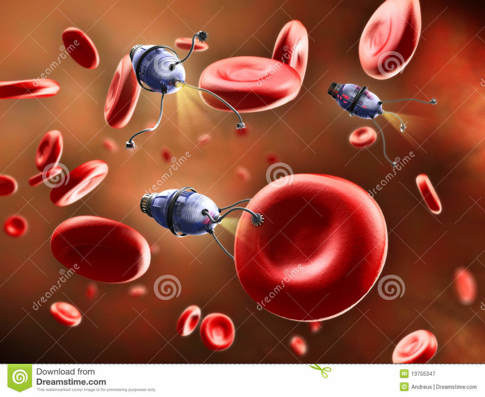  Artist’s depiction of nanobots patroling the human bloodstream.    Image retrieved from:      https://www.cnet.com/news/nanobots-can-now-swarm-like-fish-to-perform-complex-medical-tasks/    