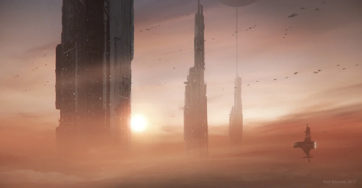 Artist’s depiction of gas giant refineries used to extract materials such as helium-3 and deuterium from the atmosphere of one of the Jovian planets. Artwork by Neil Blevins at Artstation.