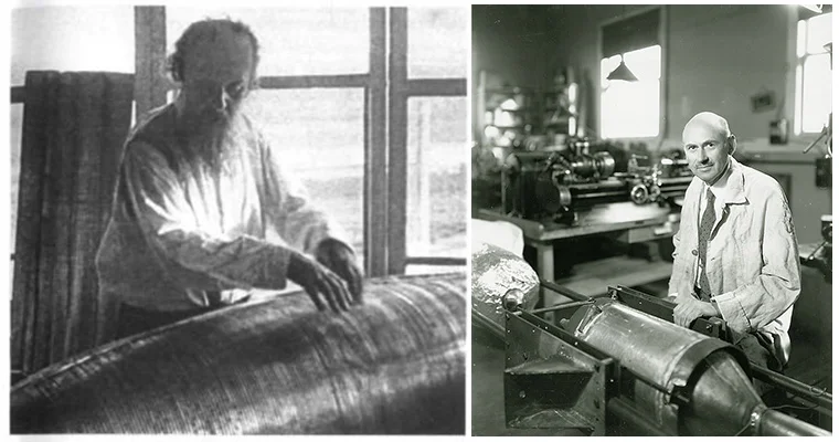 Photographs of the two pioneers of rocketry science, Konstantin Tsiolkovsky (left) and Robert Goddard (right).