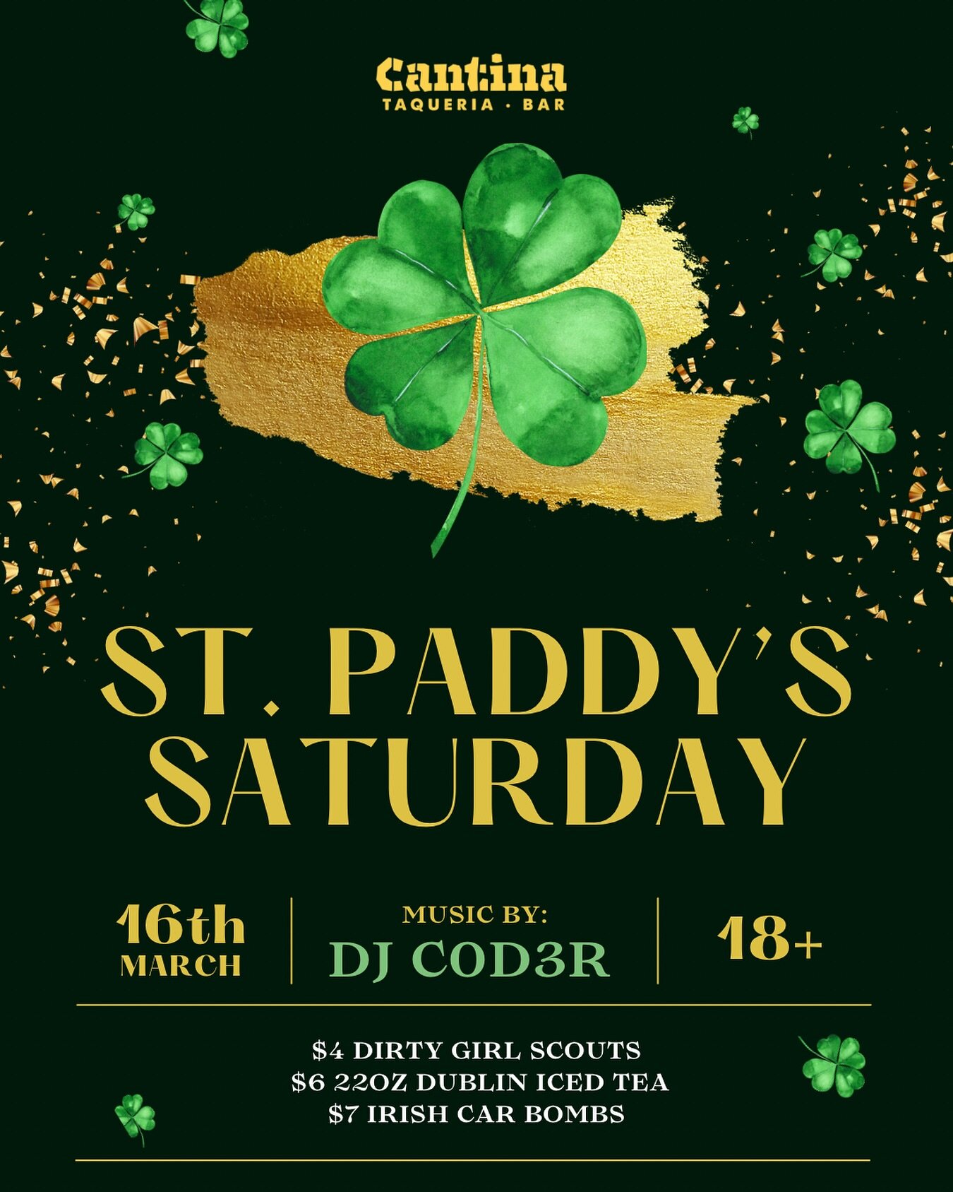 Celebrating St. Paddy&rsquo;s Saturday! We&rsquo;ll be open at 6pm with drink specials and green swag.

Feat. DJ C0D3R 10pm-2am

Get Lucky ☘️