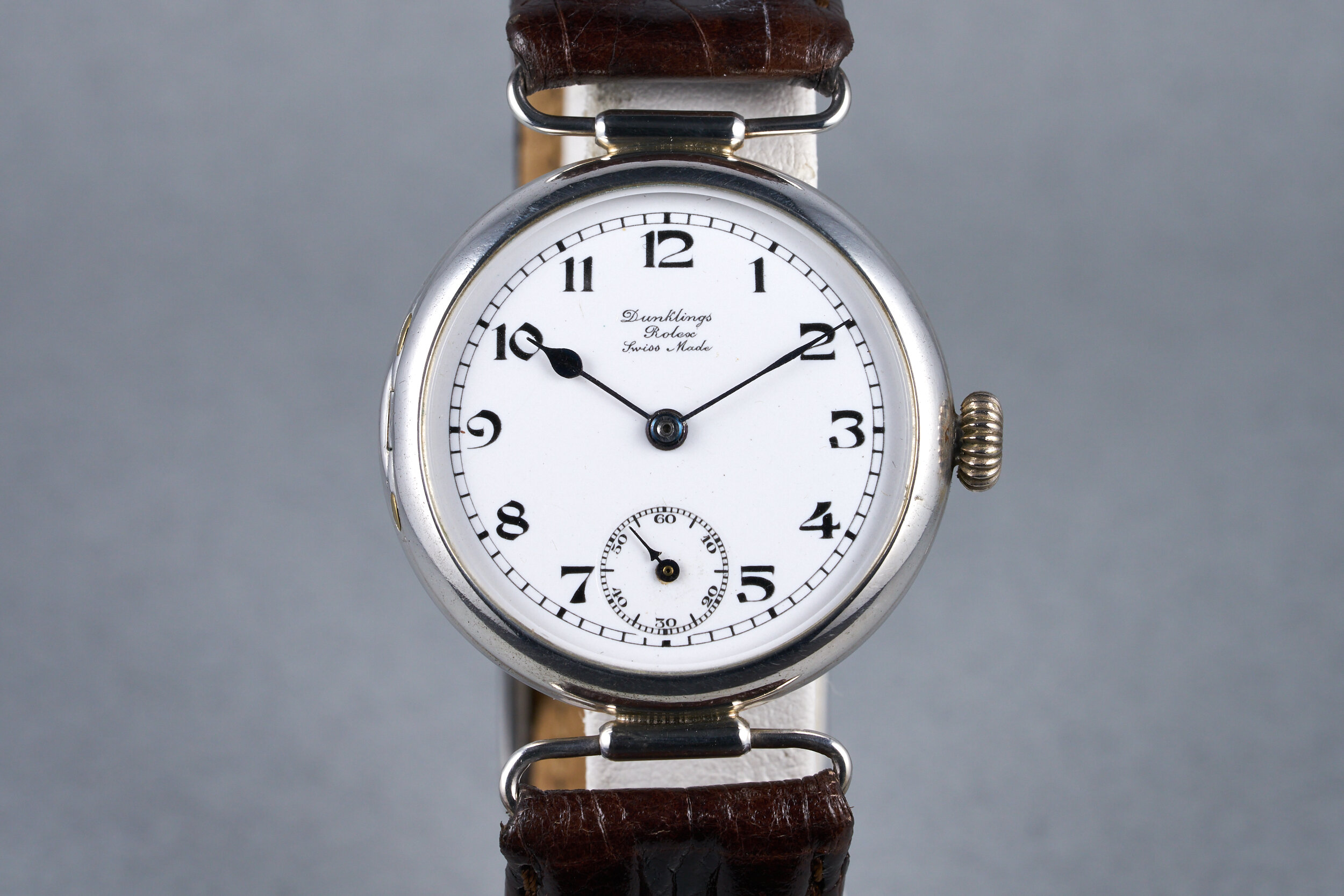 1910's Rolex Silver Trench Watch with "Dunklings" Double Name Porcelain Dial