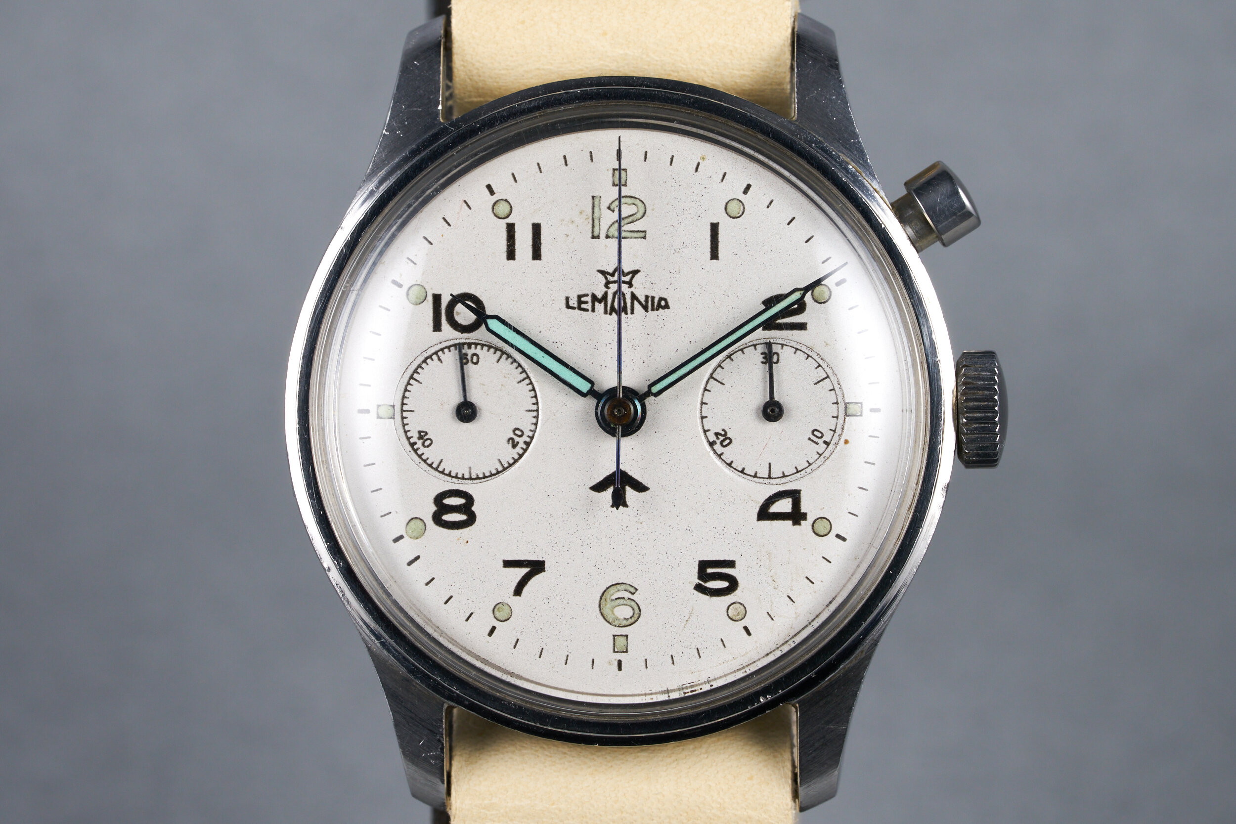 1950s Lemania RAF Mil-Spec Monopusher Chronograph with Original Radium Dial