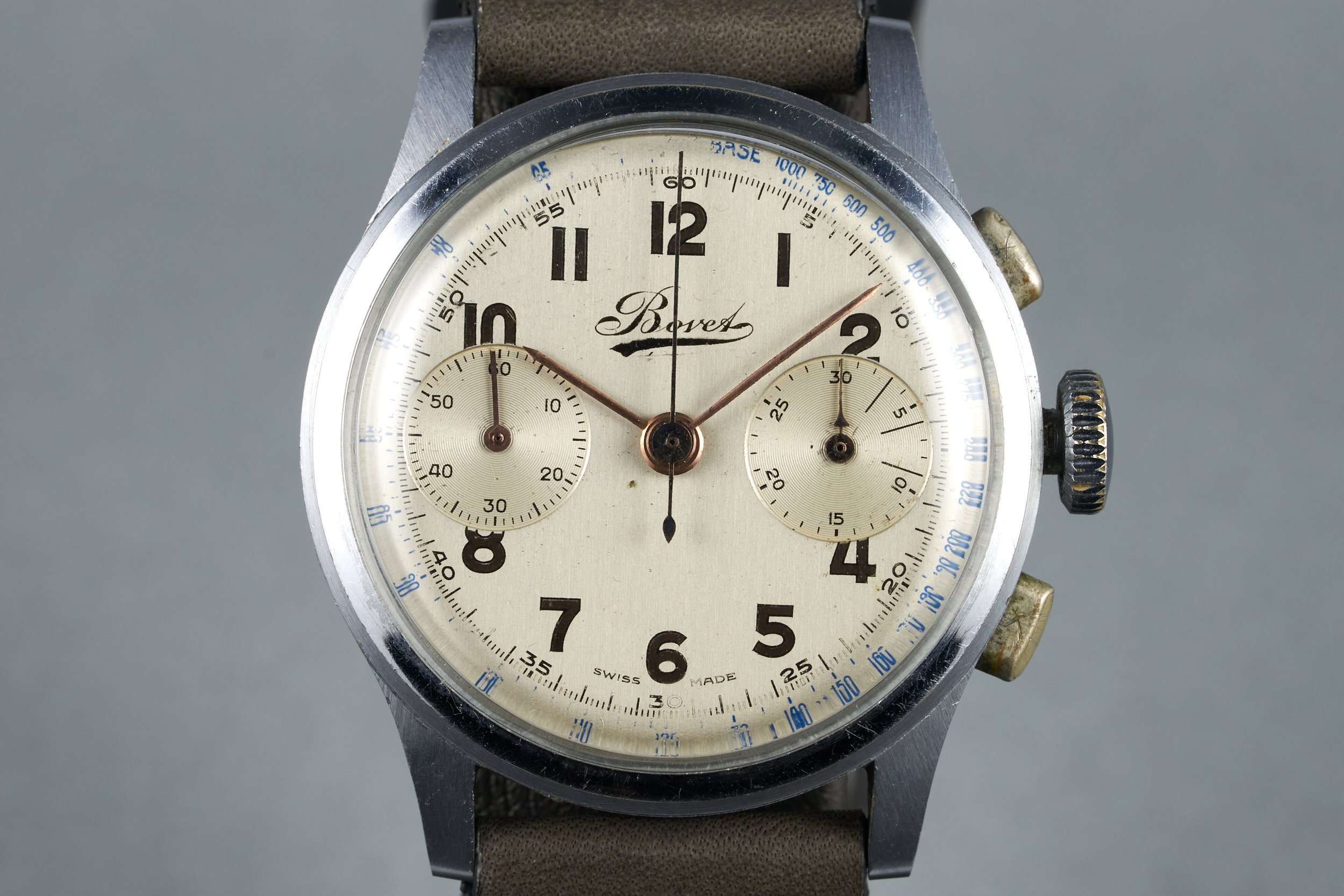 1940s Bovet 2 Register Chronograph Non-Luminous Dial with Rose Gold Leaf Numerals