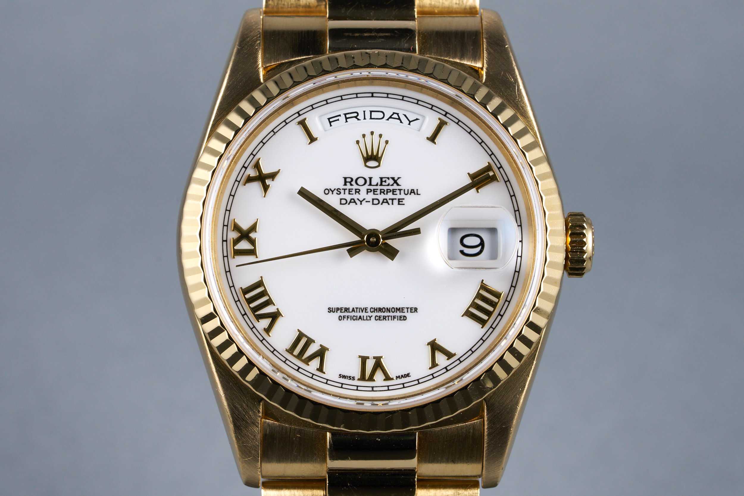 1996 Rolex YG Day-Date Ref: 18238 Non-Luminous White Roman Dial with Box