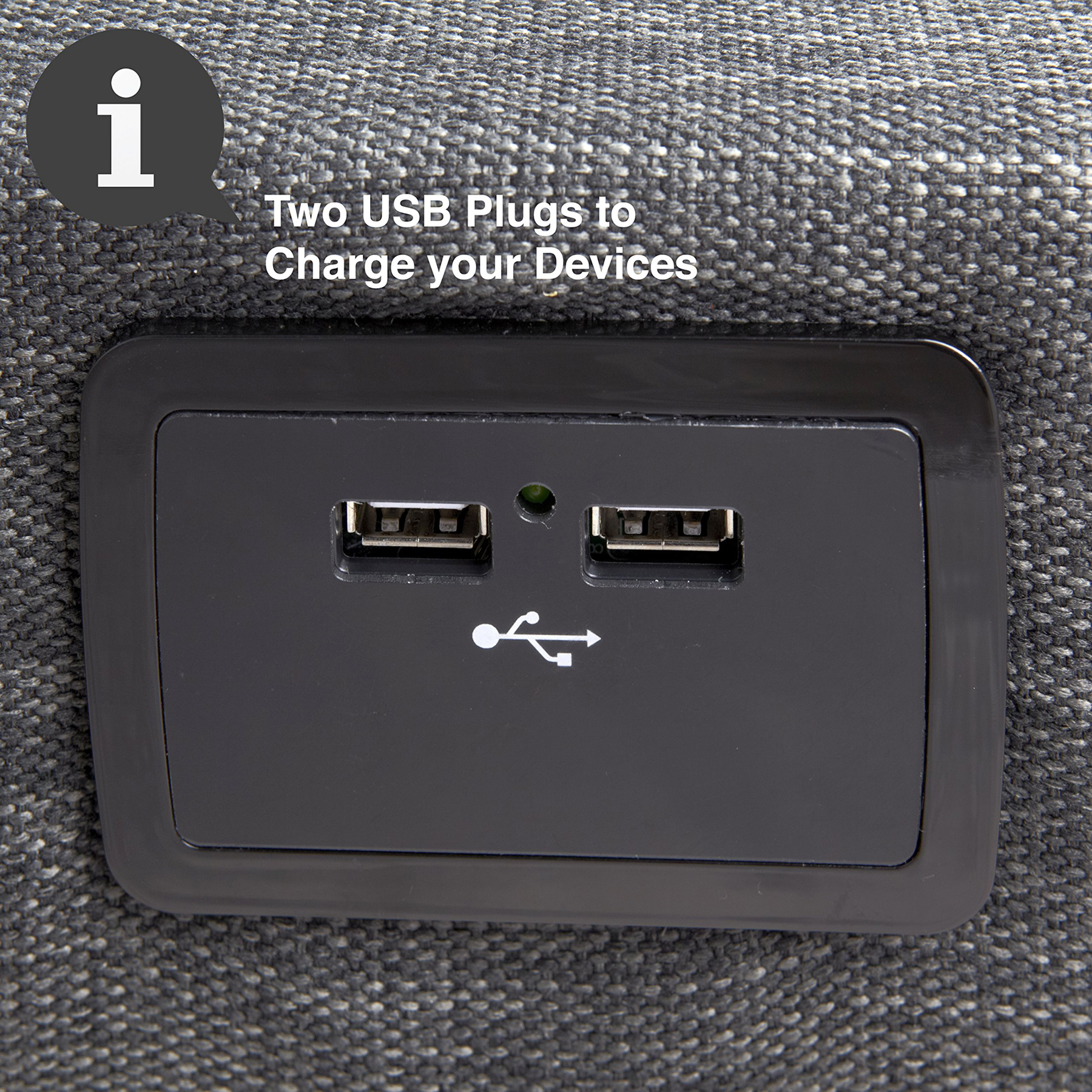Charging ports on the side of an electric adjustable bed.