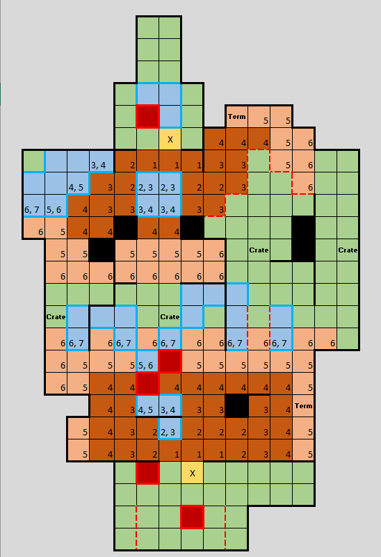 I stopped at six spaces on this image, as the overlap between the two sides made it difficult to read.