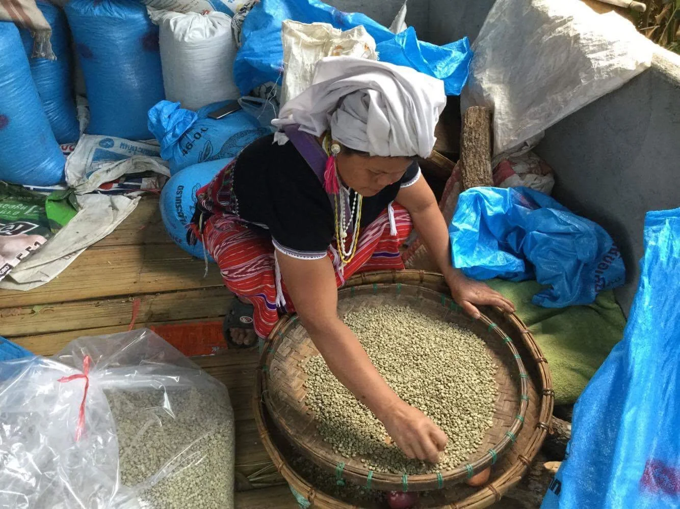 Screening & sorting green coffee in Ban Klang Luang.