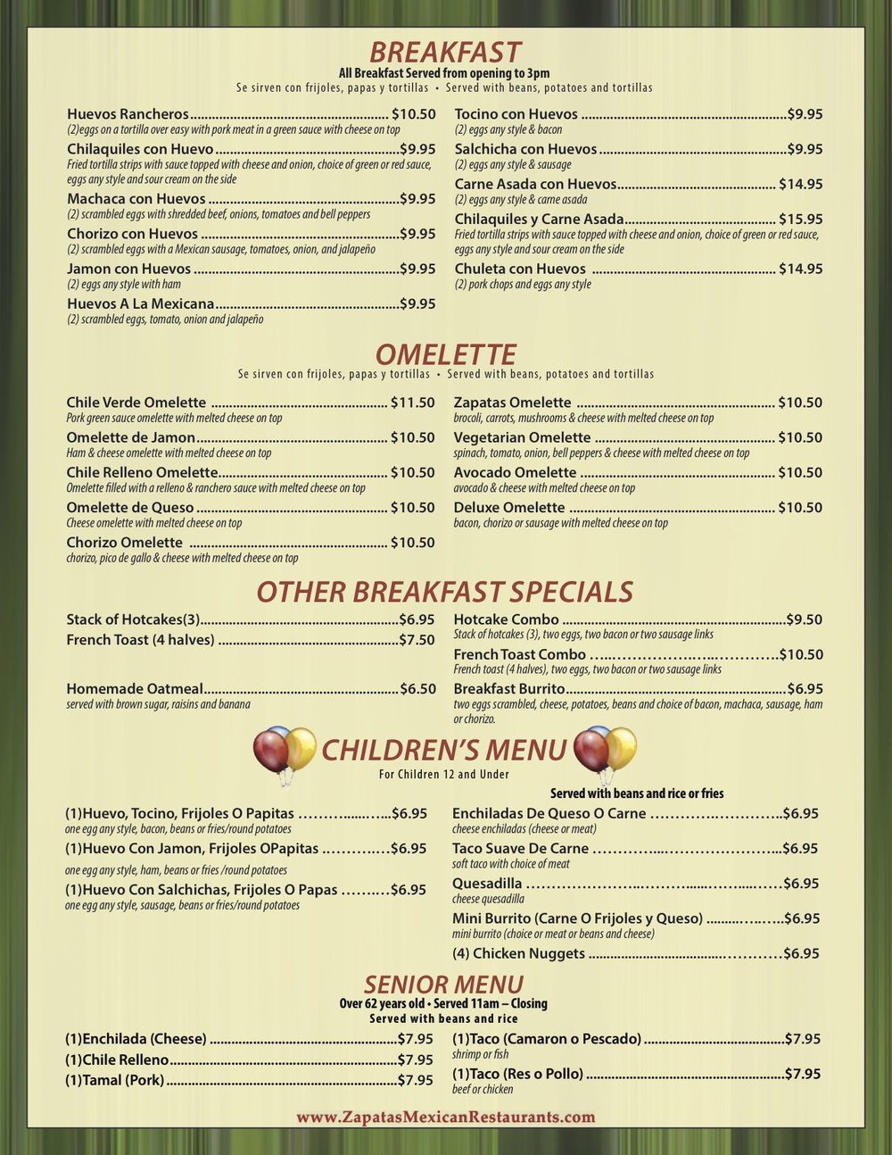 Menu Zapatas Mexican Restaurant