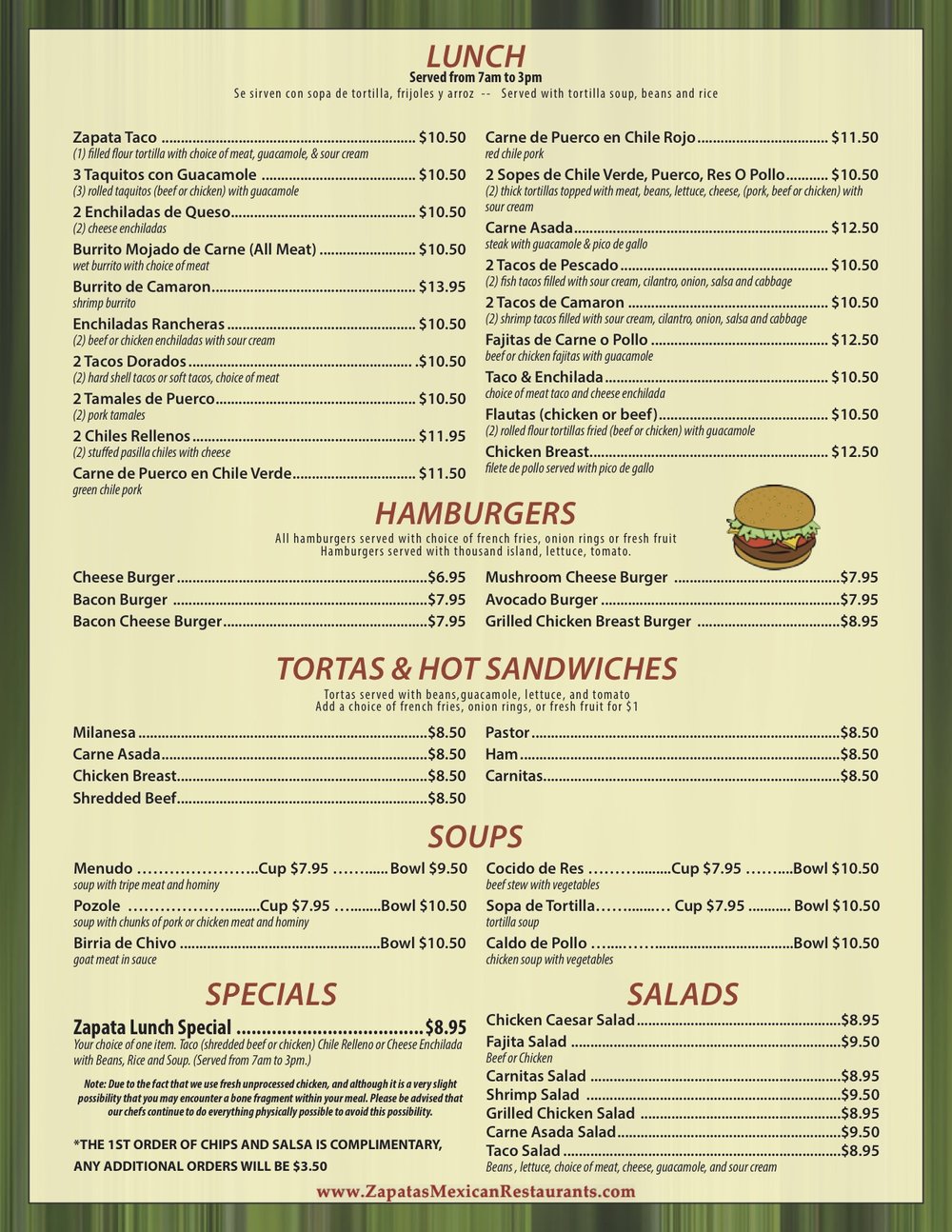 Menu Zapatas Mexican Restaurant