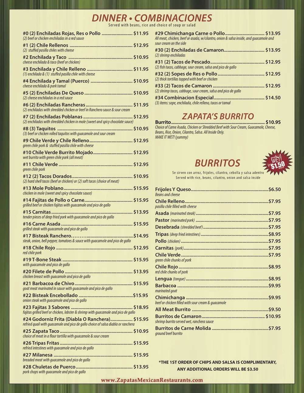 Menu Zapatas Mexican Restaurant