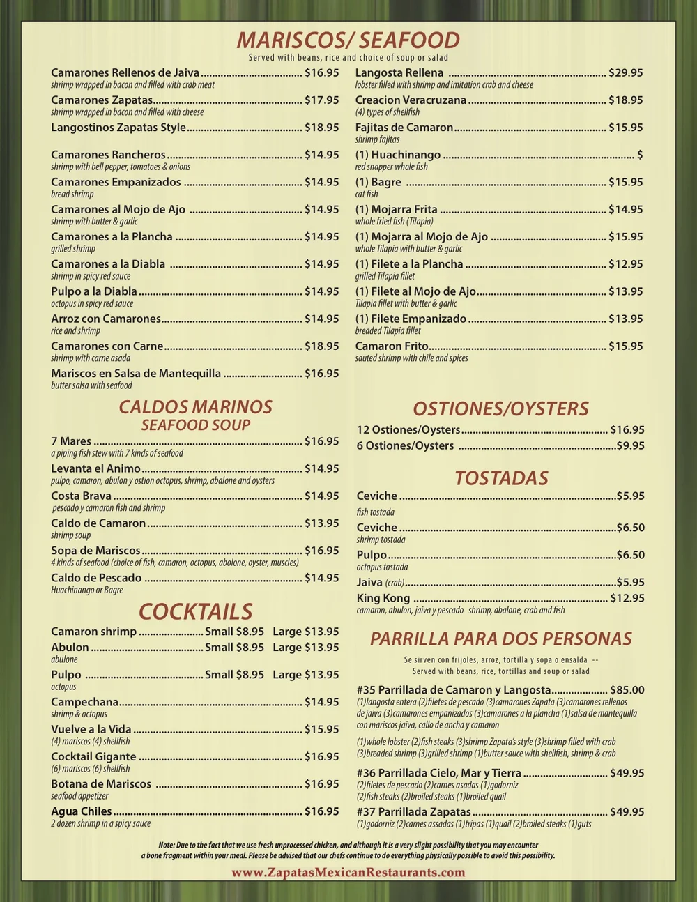 Menu Zapatas Mexican Restaurant