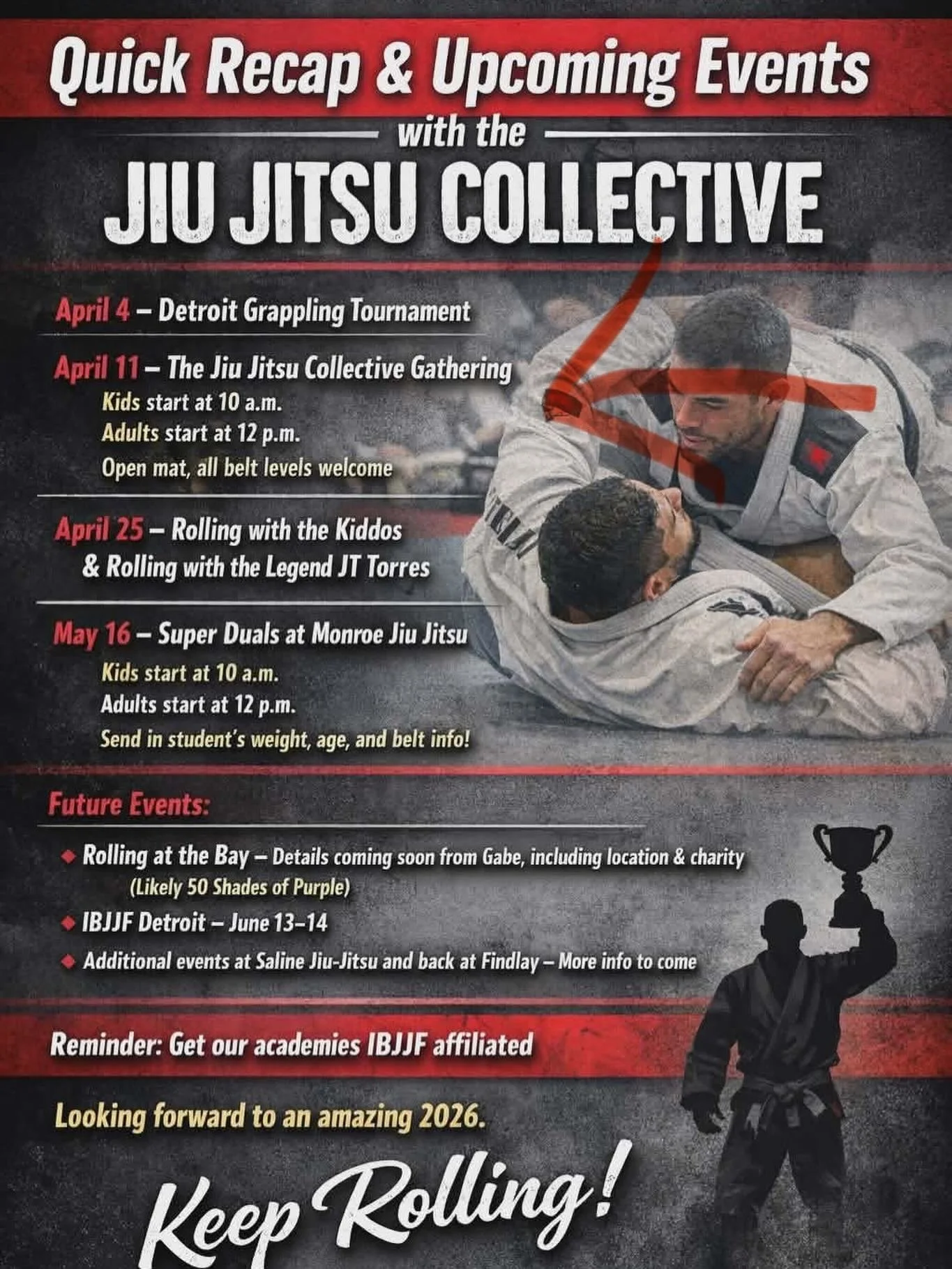 Reminder for tomorrow, April 11th!!!

Monroe Jiu-Jitsu will host our 2nd Collective open mat for kids and adults! Kids start at 10:00am, adults at 12:00pm. 

We will NOT have our 11:00am class at FJJA. Striking at 10:00am is on as scheduled, followed