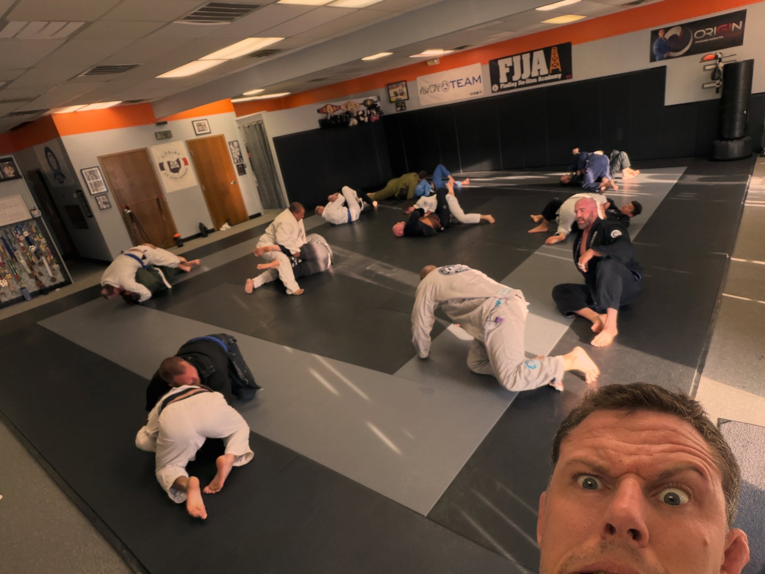 We have AC in our gym.  This is important if you&rsquo;re going to roll with a few of the people in this picture. 😅🥵😀

Early summer training!  #findlay #jiujitsu