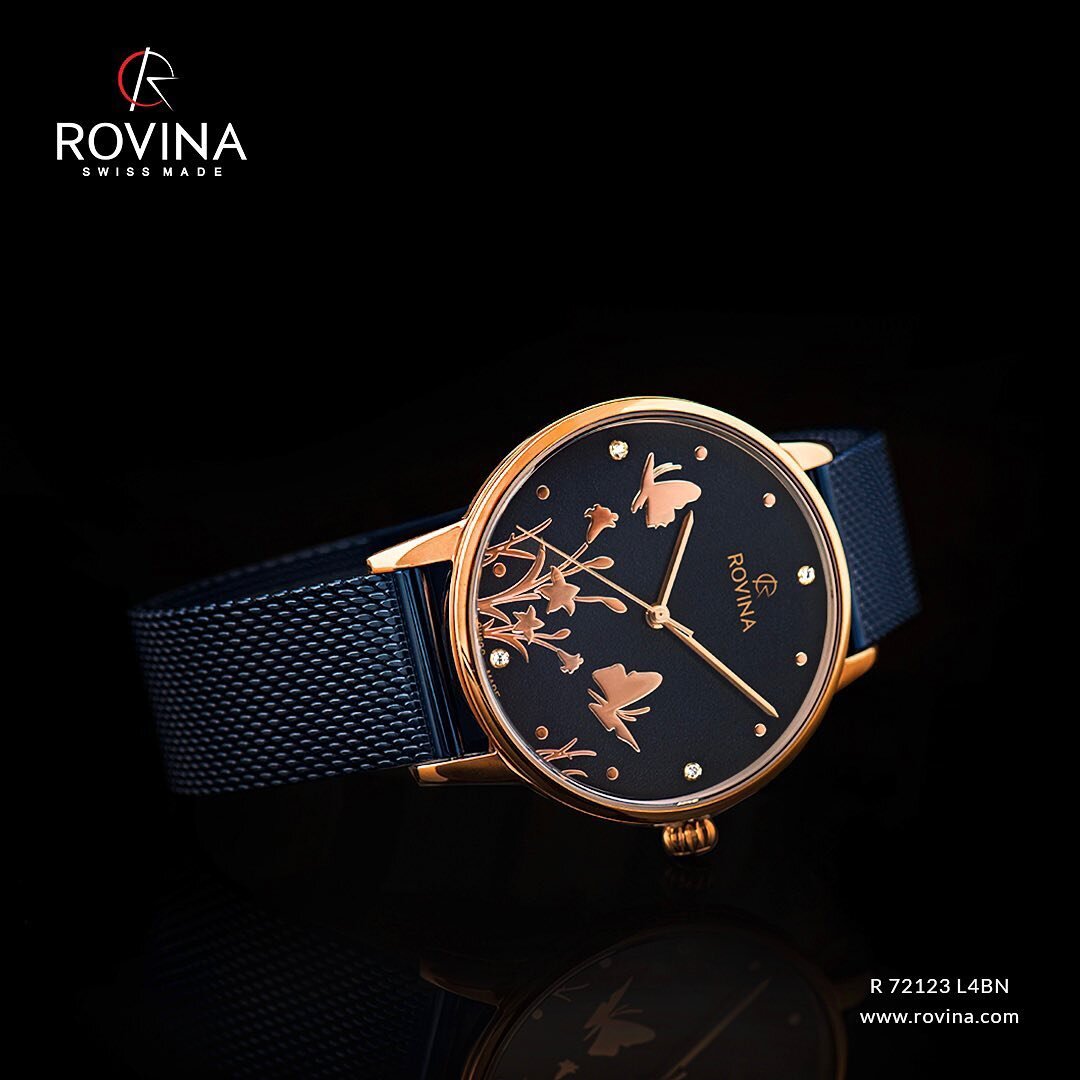 The latest women's collection model in blue mesh bracelet, rose-colored case with patterned dial is now available 
.
.
.
.
.
.
#Swissmade #Rovina #rovinawatches #ladiesstyle #womenwatch