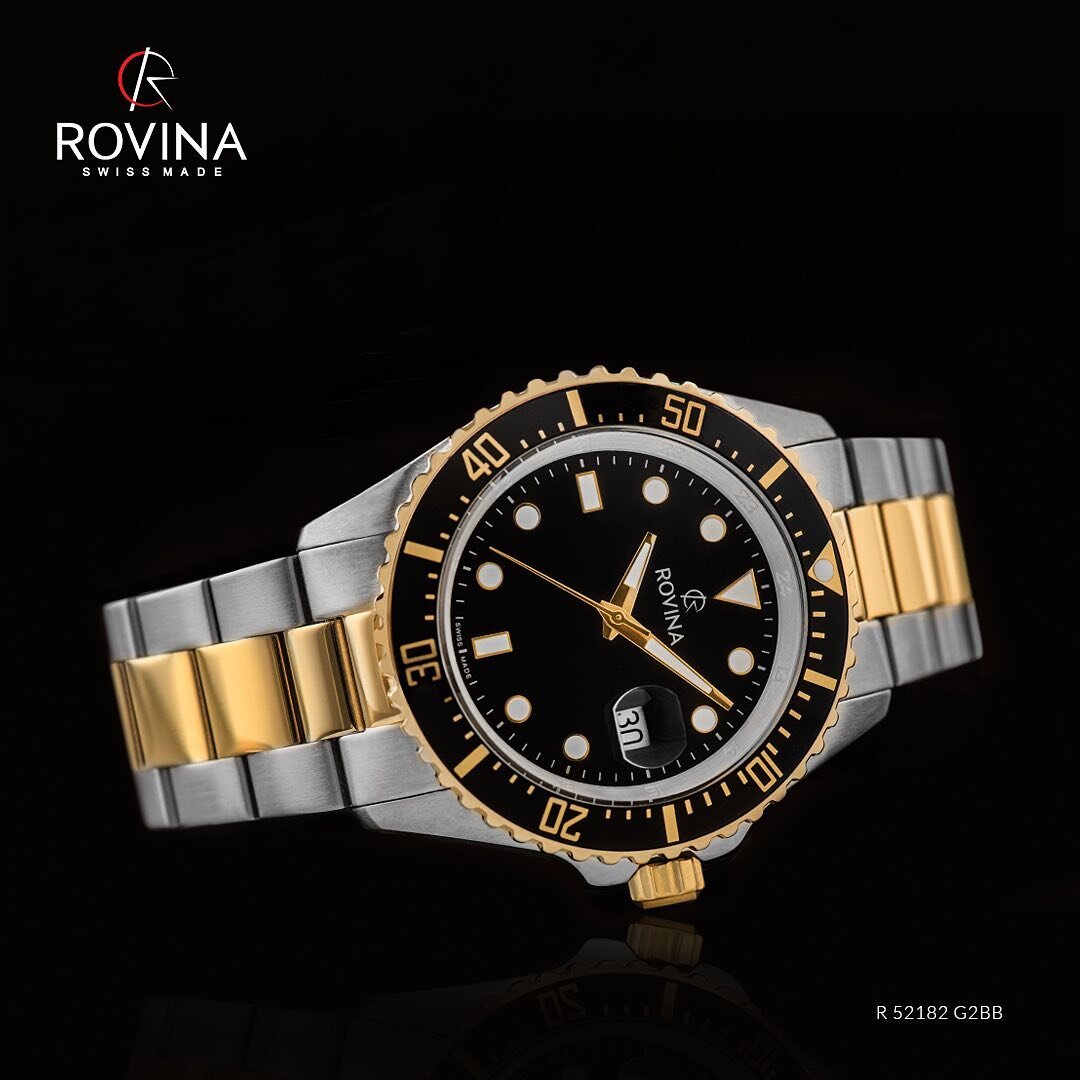 Rovina gents latest model in two tone bracelet, black dial with gold hour markers R 52182 G2BB available now! #Swissmade