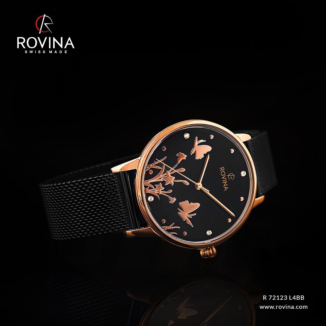 Our latest women's collection model in black mesh bracelet, rose-colored case with patterned dial is now available #Swissmade #Rovina