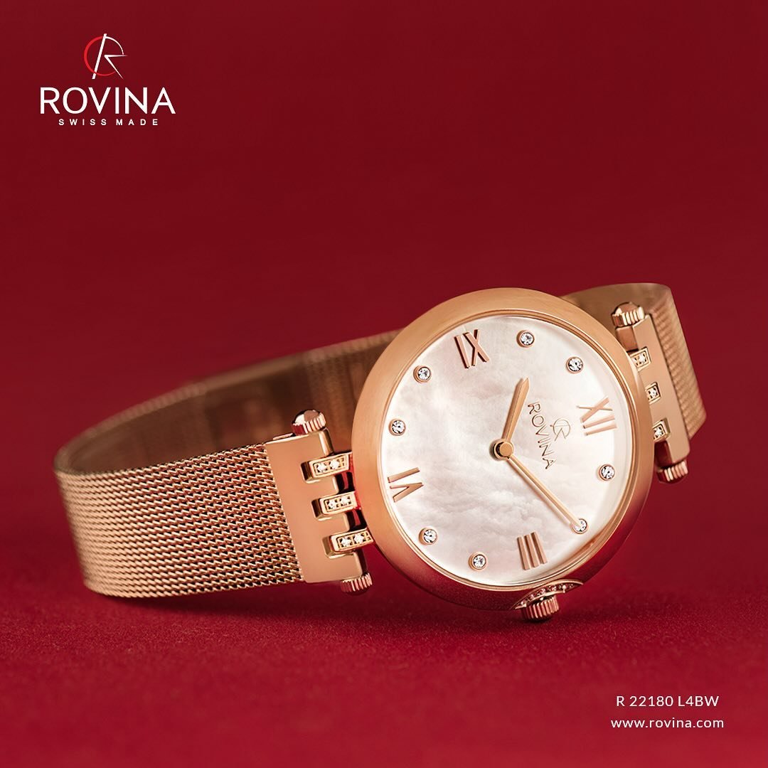 Season&rsquo;s Greetings! #Rovina ladies model in rosegold mesh bracelet with Mop dial and stones R 22180 L4BW available now at! #Swissmade