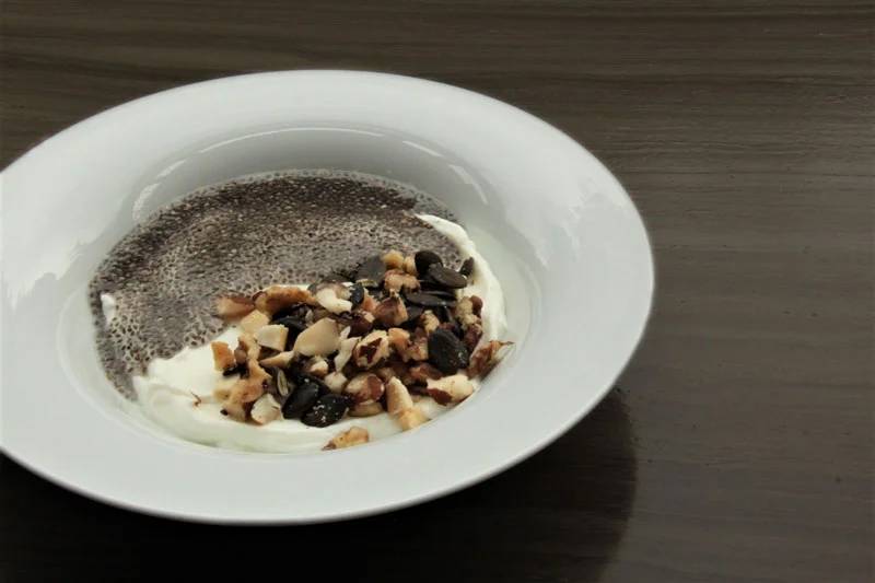 Chia seeds, brazil nuts and natural yogurt. A delicious and healthy dessert suggestion