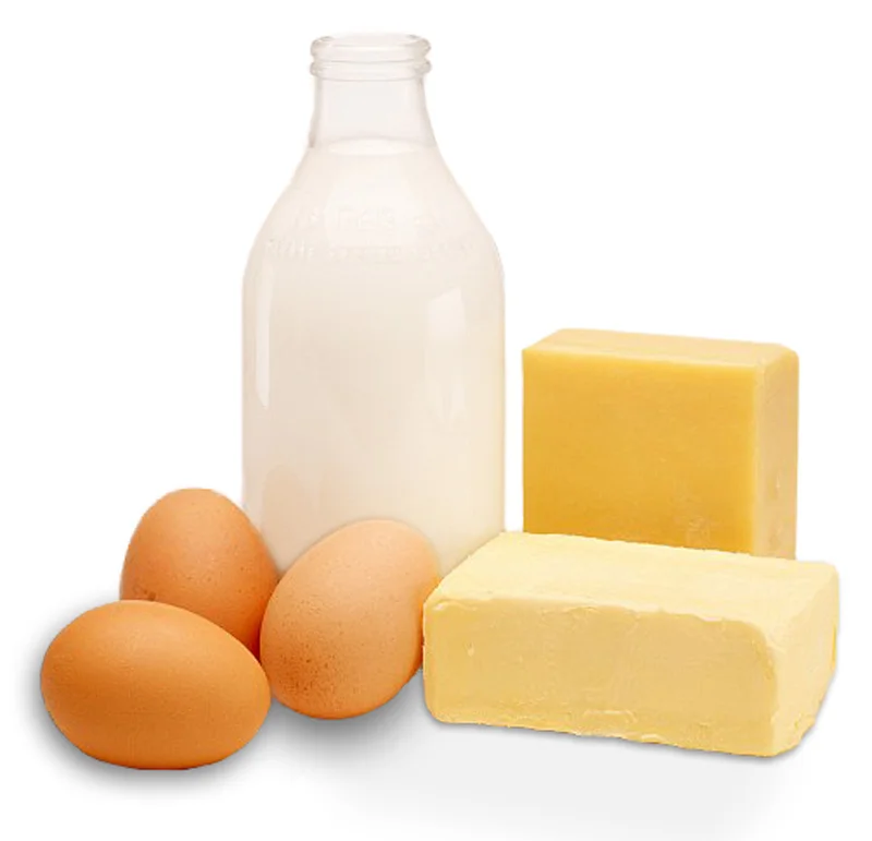 a selection of dairy products including eggs, cheese and milk