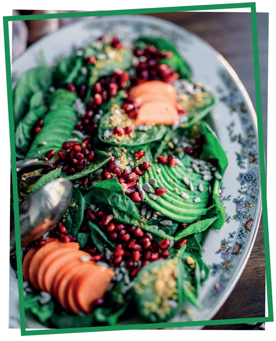 delicious and nutritious spinach, pomegranate and avocado salad
