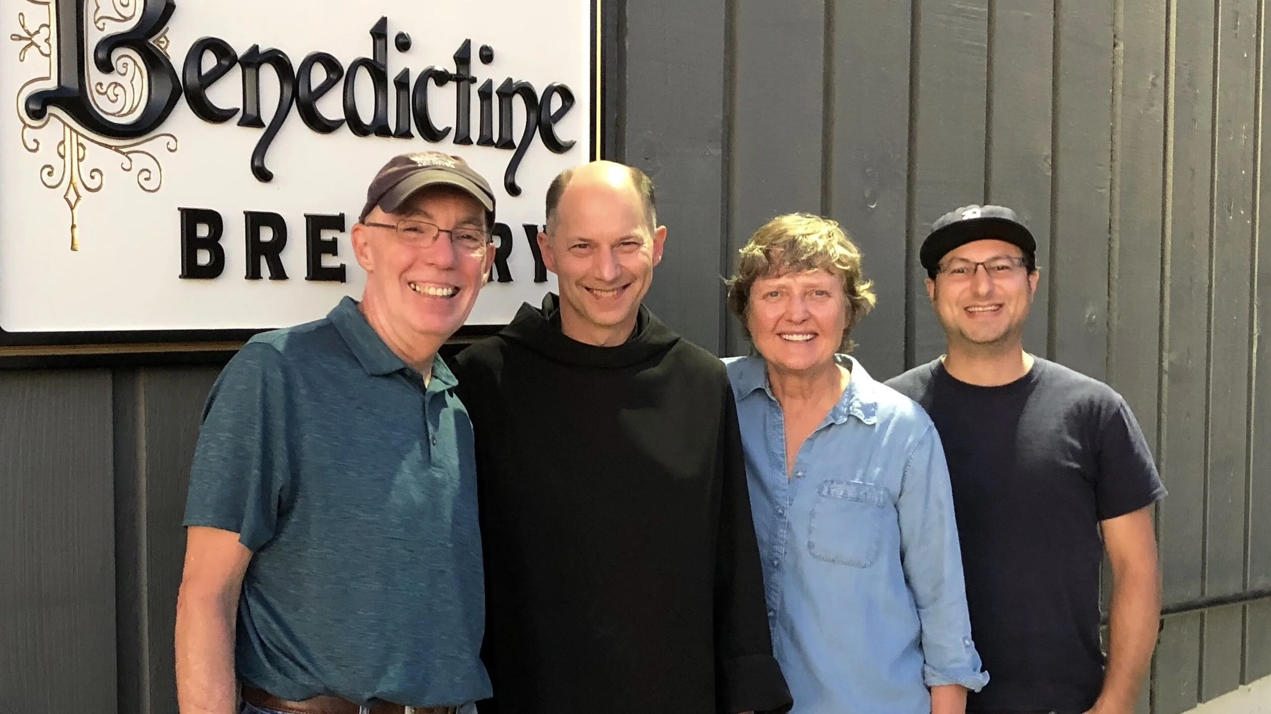 Visitkng Benedictine Brewery for the first time with (l-r) Stan Hieronymus, Father Martin, Gayle Goachie, and Alex Ganum.