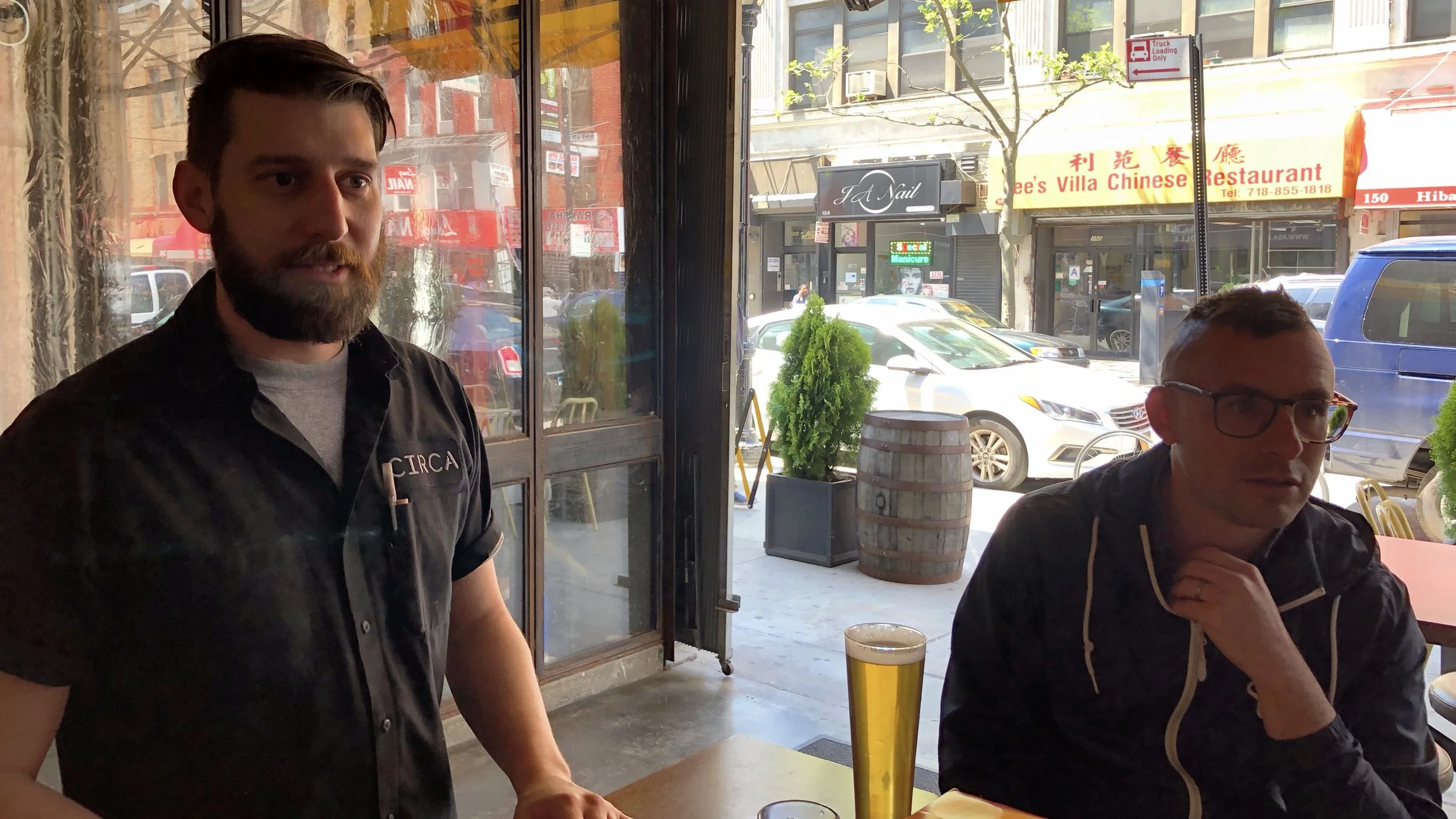 Here is Josh Bernstein (right), the hardest-working man in beer writing, along with Circa brewer Drew Kostic. (Drew was a lawyer for seven years before exchanging the wingtips for rubber boots.)