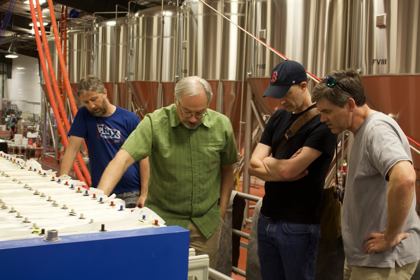 “Four Men Inspect a Mash Filter” (Jason Randles, Larry Sidor, me, Patrick, l-r)