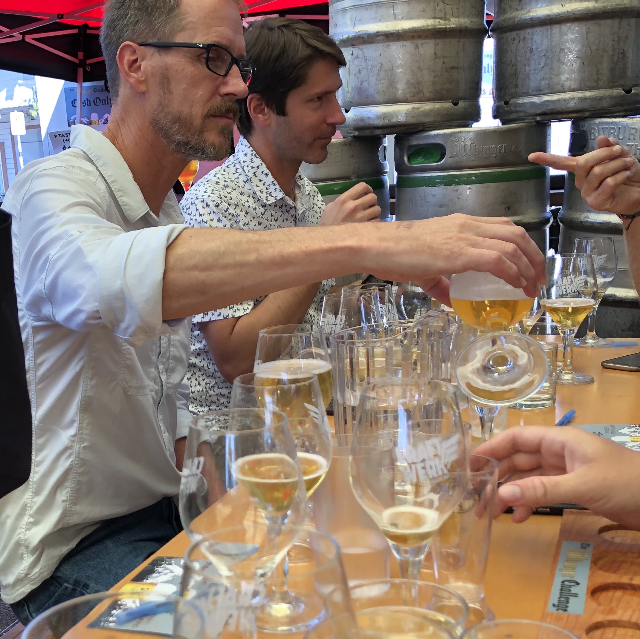 Tom Shellhammer (left) and Ben Keene judging beer.