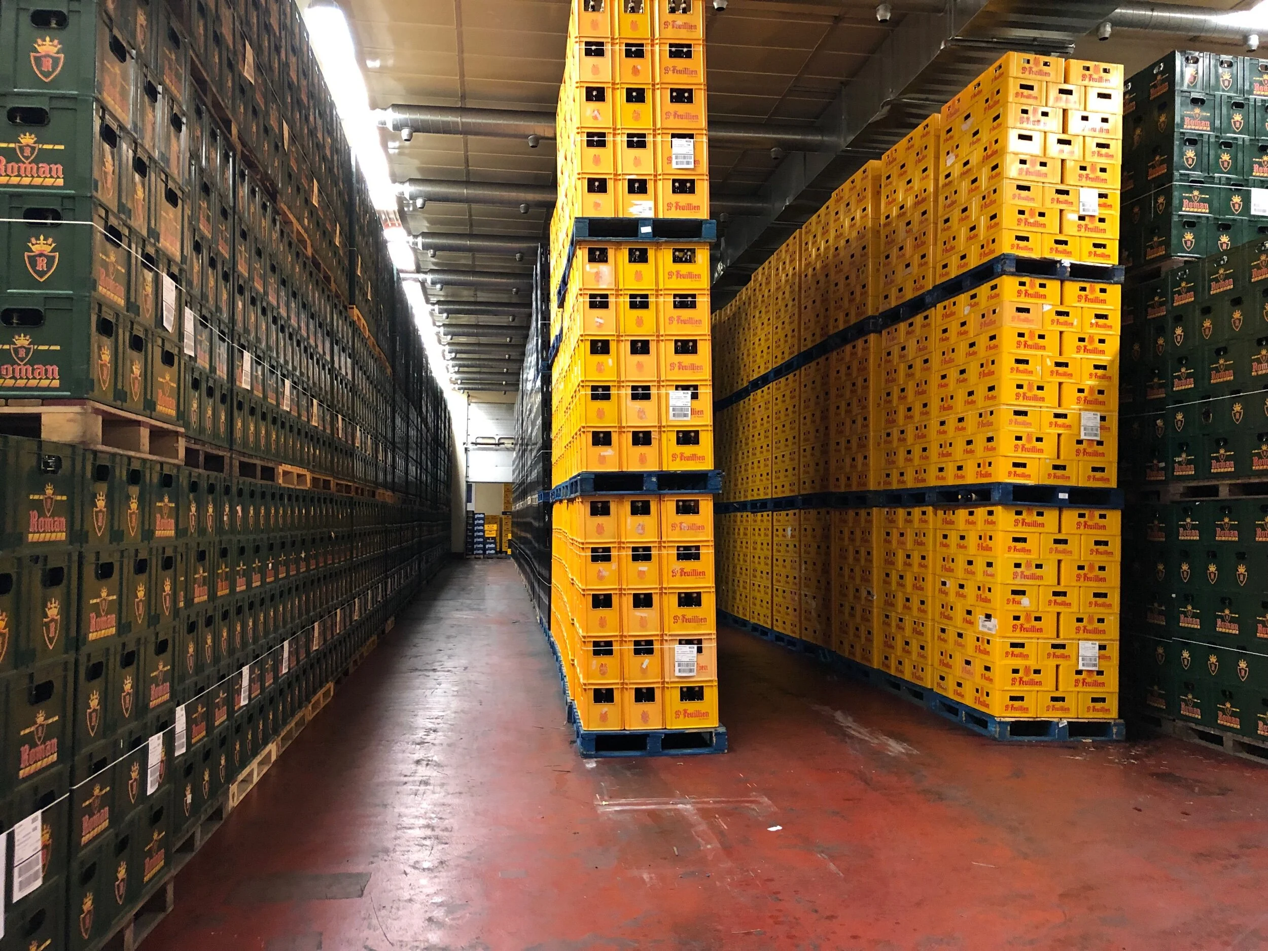 Giant warm room. (The brewery makes about 100,000 hectoliters.) They do the packaging for St. Feuillien, which is why you see those crates in yellow.