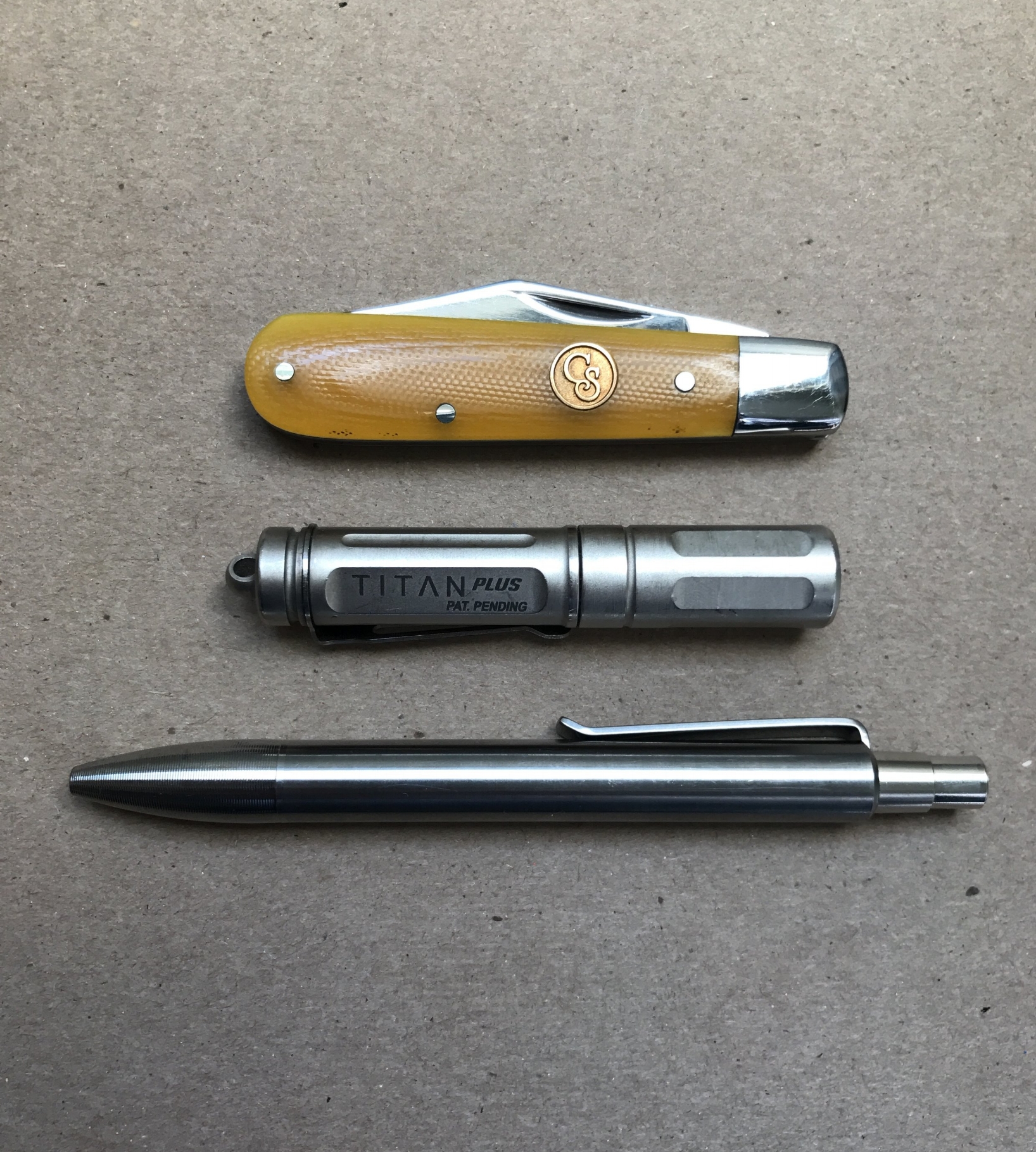 Canal Street Cutlery Boys Knife, Surefire Titan Plus , and Tactile Turn Shaker