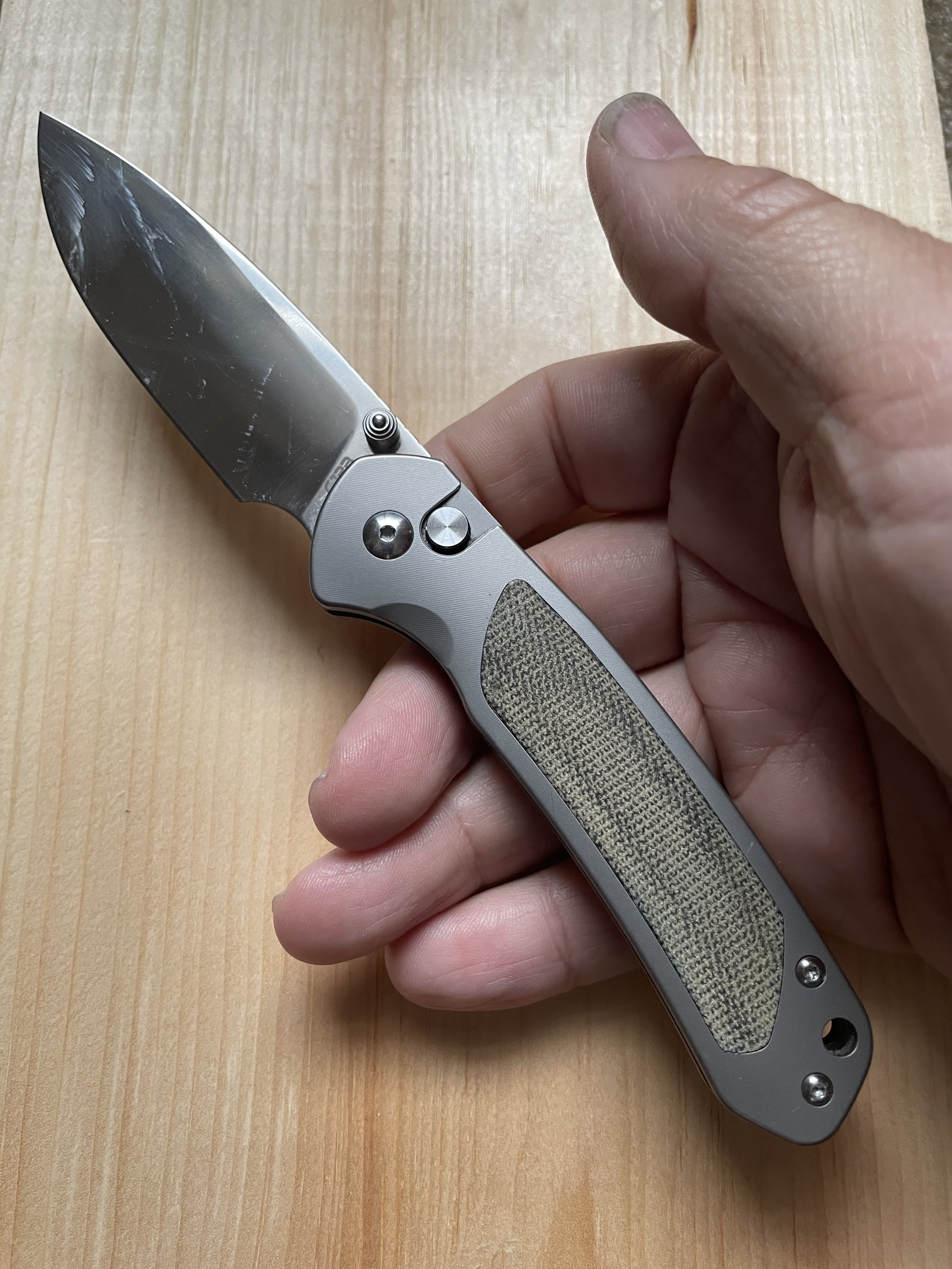 CJRB Pyrite Damascus Blade Folding Knives - Titanium Handle