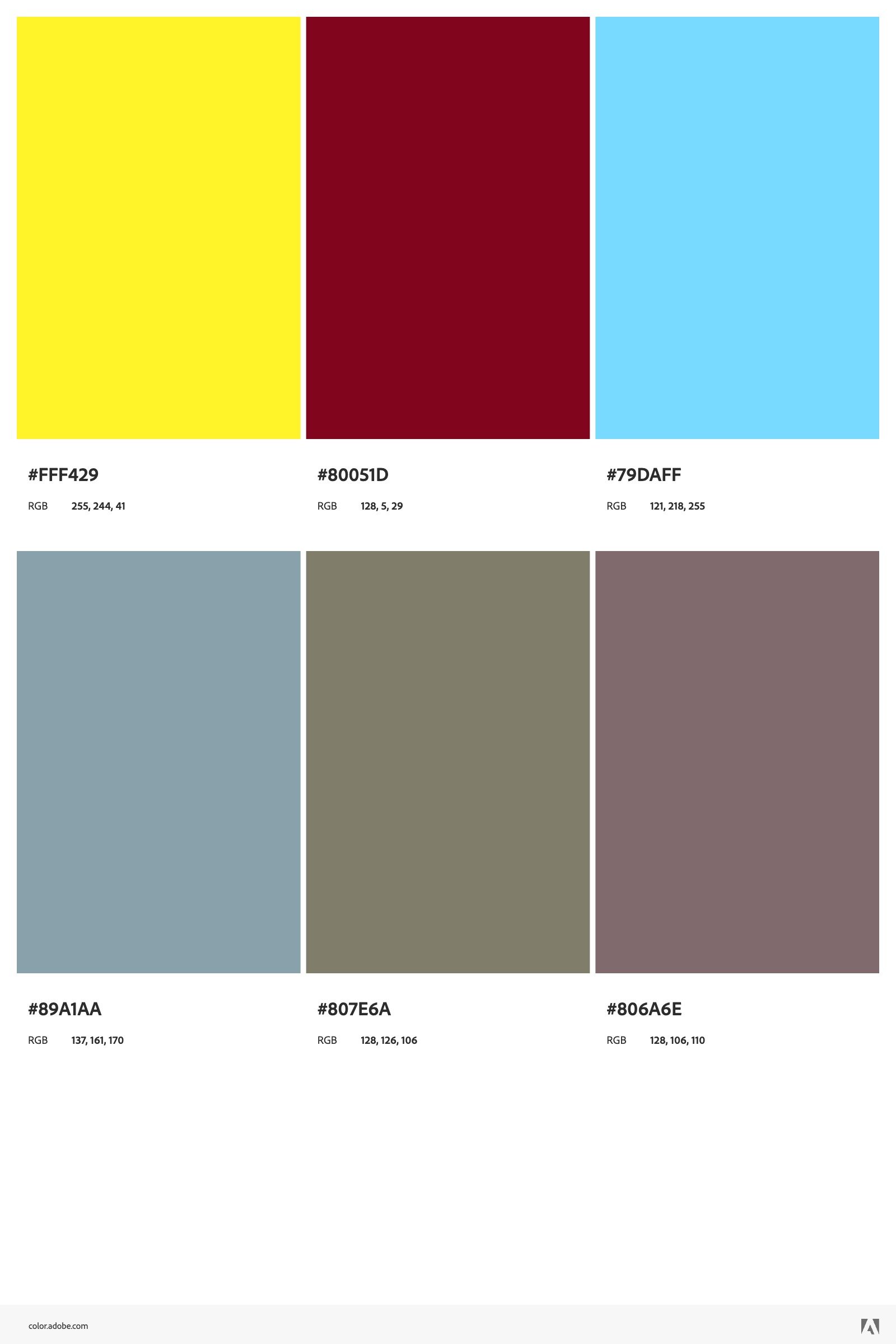 A color palette featuring six colors with their hex codes and RGB values. The colors are bright yellow, deep red, light blue, muted teal, olive green, and muted mauve.