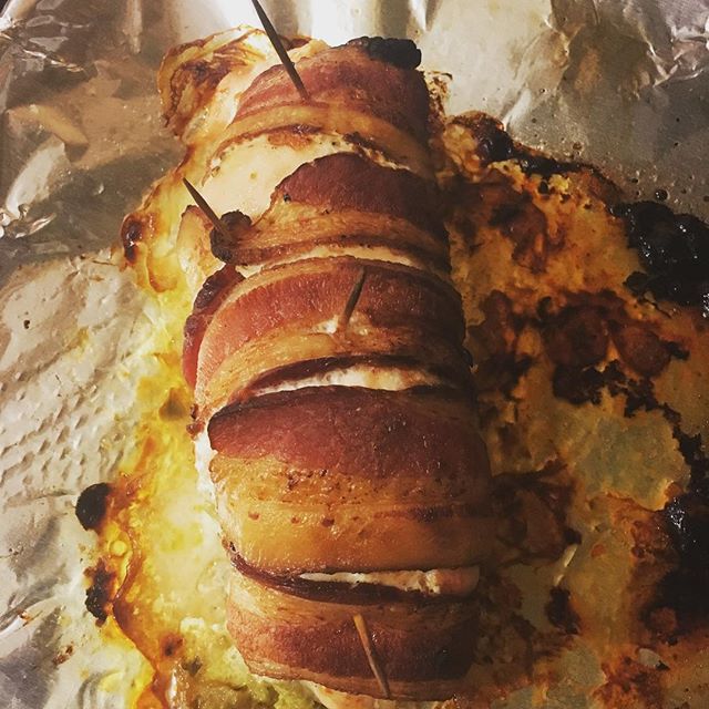 Bacon-wrapped guacamole chicken!  So good!  Meal plan is set for the week, which makes winning virtually inevitable!