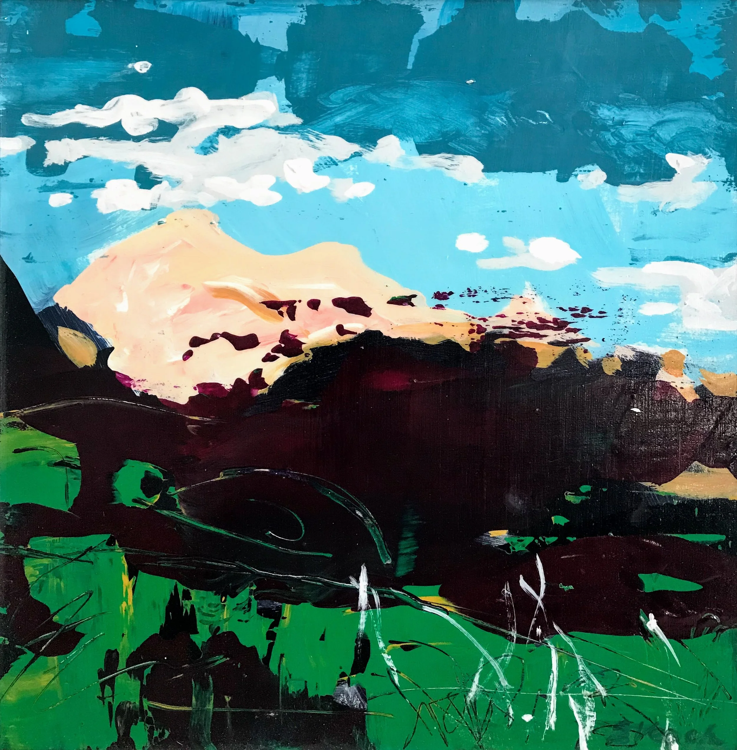 The Way to Hearst Castle, Acrylic on Wood, 12” X 12”, includes silver leaf frame, $400